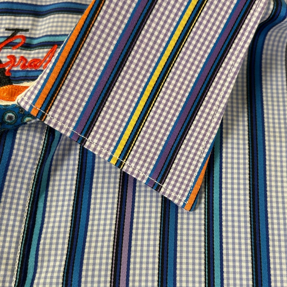ROBERT GRAHAM Flip Cuff Striped Gingham Button Down Shirt Blue Purple 2XL - Picture 4 of 16